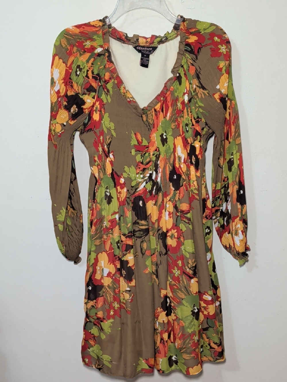Signature by Robbie Bee Floral Dress Brown Colorful Smocked Y2K Women Size 8P